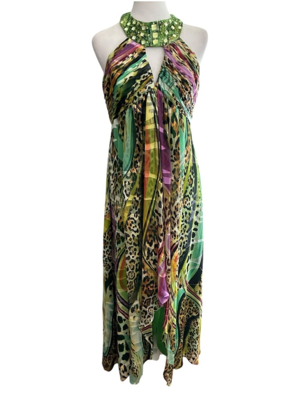 Cachet Party Cocktail Silk Green Multi-Print Beaded Halter Maxi Dress size 6
